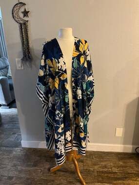 Diane Gilman DG2 Floral & Border Print Kimono Cardigan Topper Size 2XL/3X